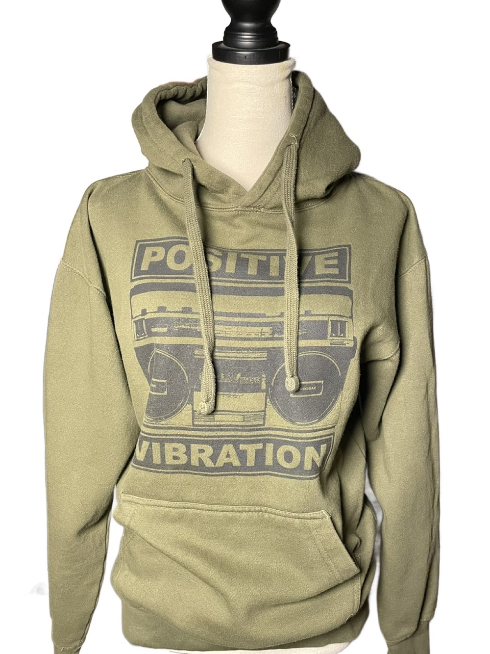 Cali Vibes A.M.S. Positive Vibration Olive Green Graphic Hoodie (Unisex Small)